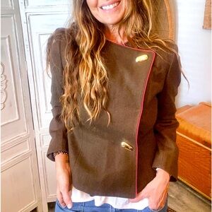Vintage 60s Military Style Wool Jacket Crop Fit Army Green Red Piping Gold M